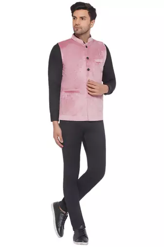 velvet solid nehru jacket for men (pink)