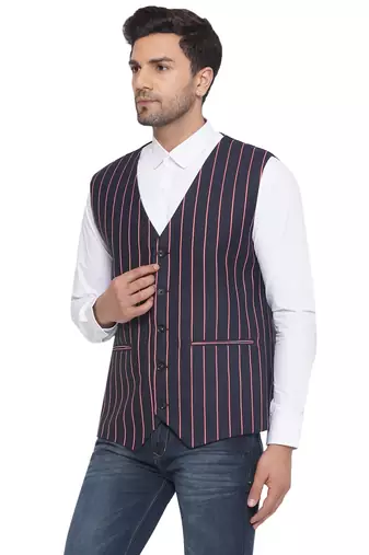 cotton poly striped waist coat for men (blue)