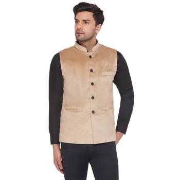velvet solid nehru jacket for men (beige) 1