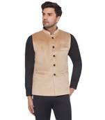 velvet solid nehru jacket for men (beige)