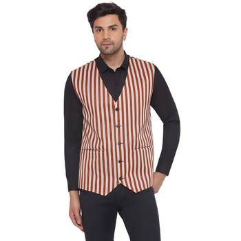 cotton poly striped waist coat for men (brown) 1