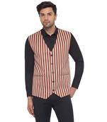 cotton poly striped waist coat for men (brown)