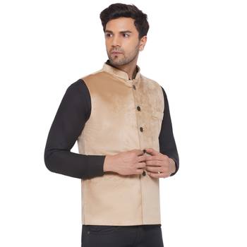 velvet solid nehru jacket for men (beige) 2