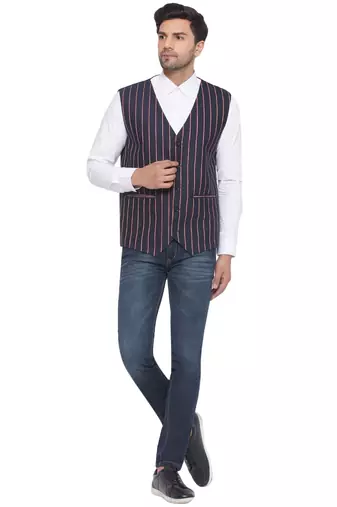 cotton poly striped waist coat for men (blue)