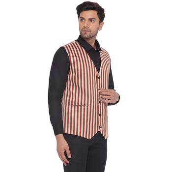 cotton poly striped waist coat for men (brown) 2