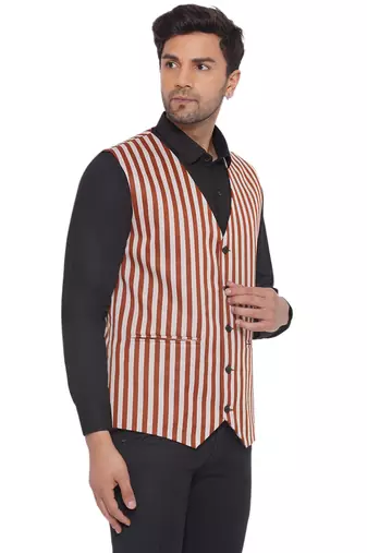 cotton poly striped waist coat for men (brown)