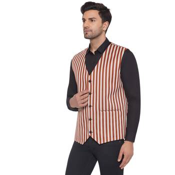 cotton poly striped waist coat for men (brown) 3
