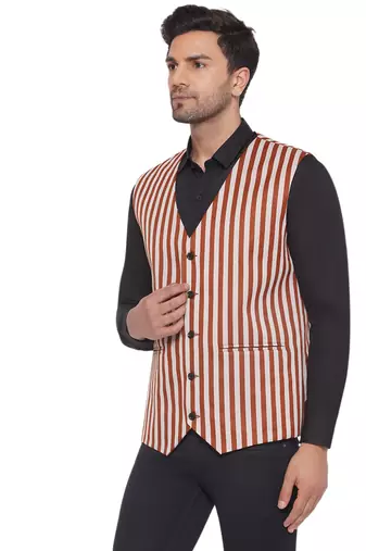 cotton poly striped waist coat for men (brown)