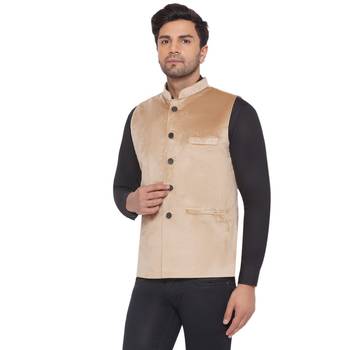 velvet solid nehru jacket for men (beige) 3