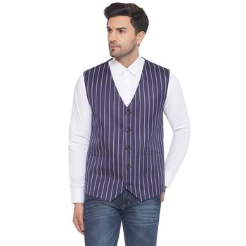 cotton poly striped waist coat for men (blue) 1