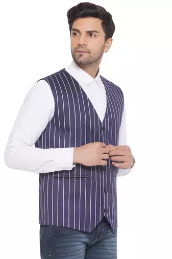 cotton poly striped waist coat for men (blue)