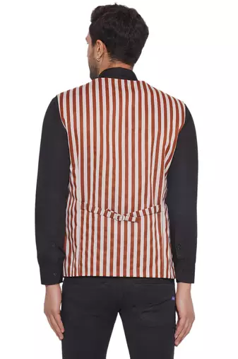 cotton poly striped waist coat for men (brown)
