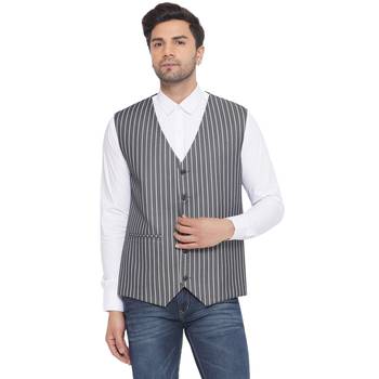 cotton poly striped waist coat for men (grey) 1