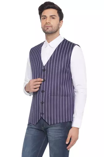 cotton poly striped waist coat for men (blue)