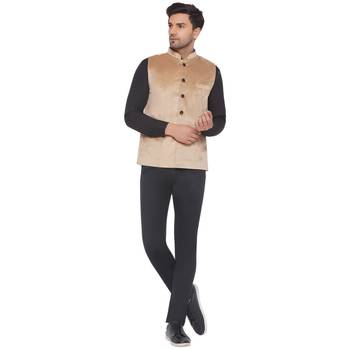 velvet solid nehru jacket for men (beige) 5