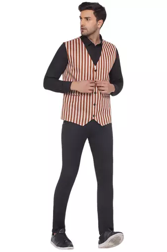 cotton poly striped waist coat for men (brown)