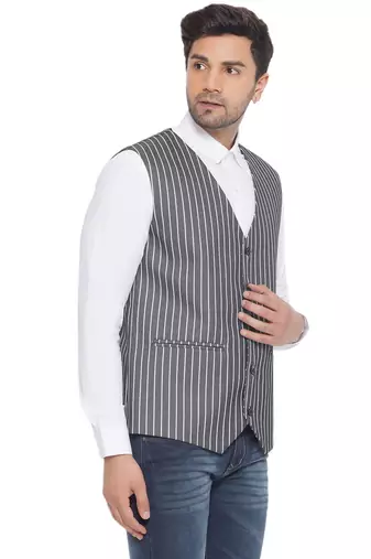 cotton poly striped waist coat for men (grey)
