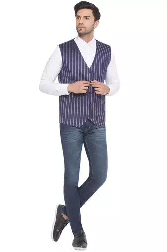 cotton poly striped waist coat for men (blue)