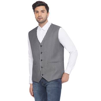 cotton poly striped waist coat for men (grey) 3
