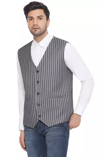 cotton poly striped waist coat for men (grey)