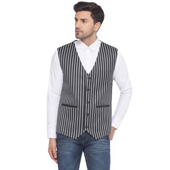 cotton poly striped waist coat for men (black) 1