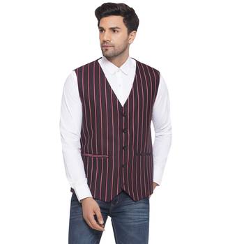 cotton poly striped waist coat for men (maroon) 1