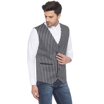 cotton poly striped waist coat for men (black) 2