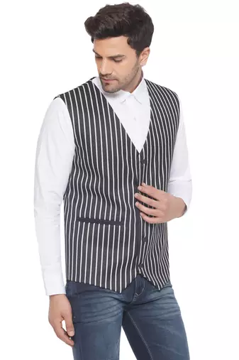 cotton poly striped waist coat for men (black)