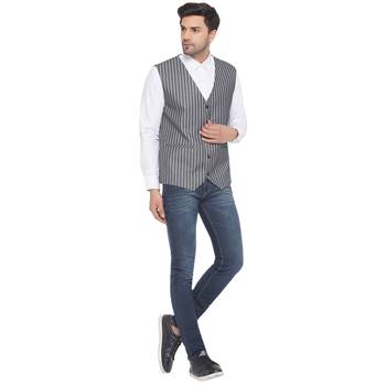 cotton poly striped waist coat for men (grey) 5