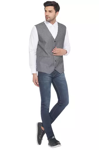 cotton poly striped waist coat for men (grey)