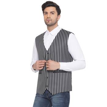 cotton poly striped waist coat for men (black) 3