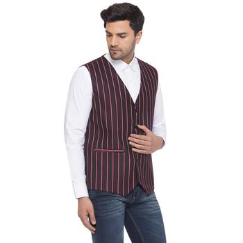 cotton poly striped waist coat for men (maroon) 2