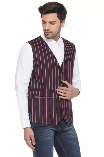 cotton poly striped waist coat for men (maroon)