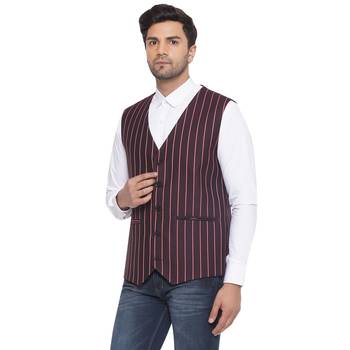 cotton poly striped waist coat for men (maroon) 3