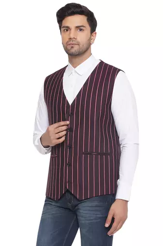 cotton poly striped waist coat for men (maroon)