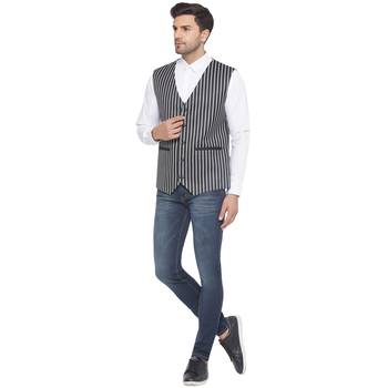 cotton poly striped waist coat for men (black) 5