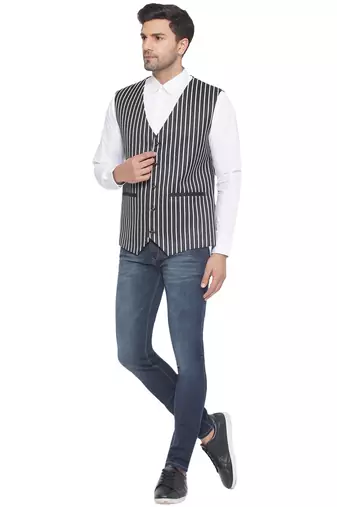 cotton poly striped waist coat for men (black)