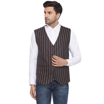 cotton poly striped waist coat for men (black) 1