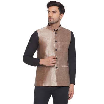 Veera paridhaan silk solid nehru jacket for men (golden) 1