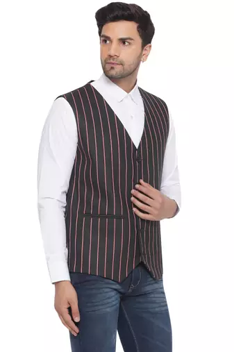 cotton poly striped waist coat for men (black)