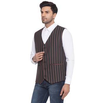 cotton poly striped waist coat for men (black) 3