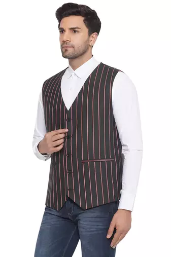 cotton poly striped waist coat for men (black)