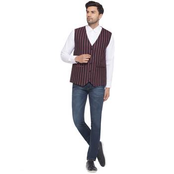 cotton poly striped waist coat for men (maroon) 5