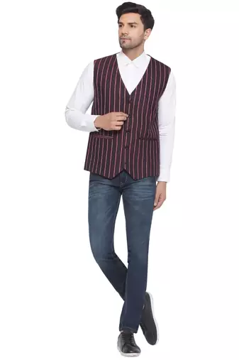 cotton poly striped waist coat for men (maroon)