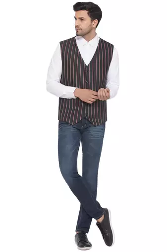 cotton poly striped waist coat for men (black)