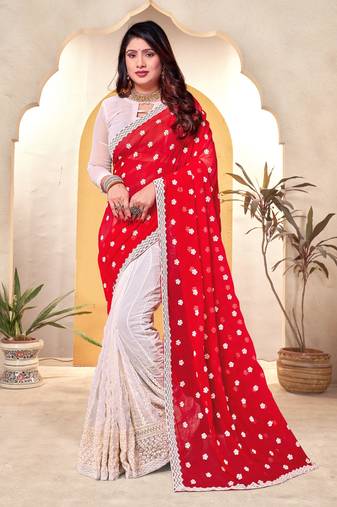 Red White Resham Embroidery Work Georgette Saree