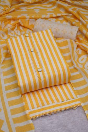 Yellow p.c. cotton unstitched suit with p.c. cotton dupatta (unstitched 3 piece dress material)