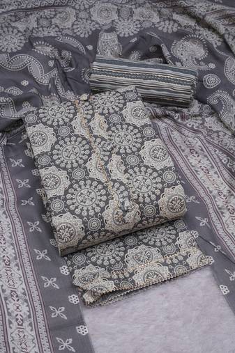 Grey p.c. cotton unstitched suit with p.c. cotton dupatta (unstitched 3 piece dress material)