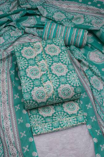 Turquoise p.c. cotton unstitched suit with p.c. cotton dupatta (unstitched 3 piece dress material)