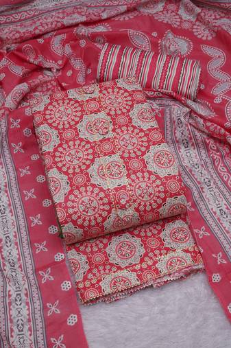 Peach p.c. cotton unstitched suit with p.c. cotton dupatta (unstitched 3 piece dress material)